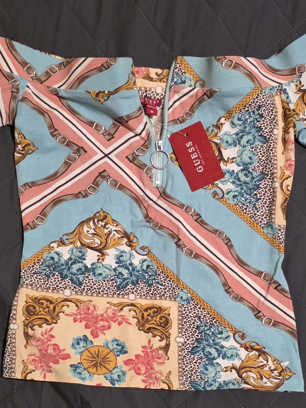 Guess blue, pink, and gold floral and ornate baroque design crop top baroque